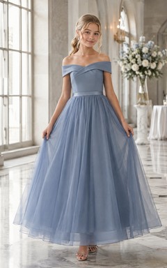 Stahlblaues Brautjungfernkleid für junge Mädchen, A-Linie, schulterfrei, kurze Ärmel, Tüllrock