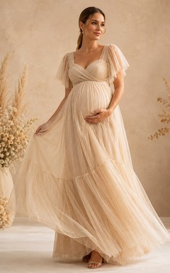 Champagne Puff Sleeve Tiered Maternity Chiffon Maxi Dress