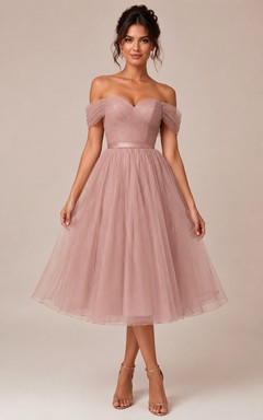 Blush Off-the-Shoulder Tulle Tea-length A-Line Bridesmaid Dress