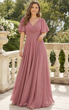 Vestido formal de gasa con escote en V y mangas acampanadas color rosa empolvado