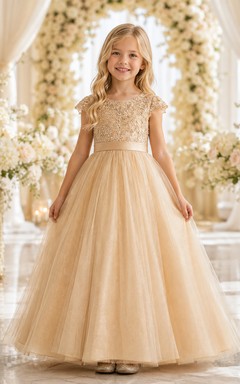 Blumenmädchenkleid Champagnerfarbene Spitze Tüll A-Linie Rundhalsausschnitt Bodenlang