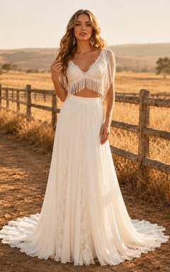 Robe deux pièces bohème à franges style western en dentelle et dentelle, coupe trapèze