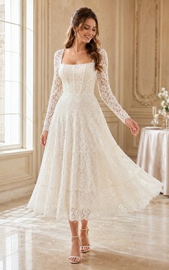 Square Neck Long Sleeve Lace Tulle A-Line Floor-Length Wedding Dress