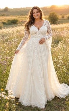 Plus Size Bohemian Lace Sleeve Meadow Wedding Dress