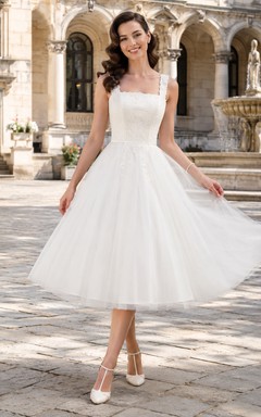 Square Neck Tulle Tea Length Retro Courtyard Bridal Dress