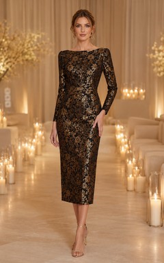 Vestido midi de invitada con escote barco y mangas largas de brocado en negro y dorado