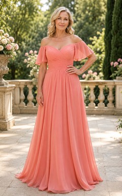 Korallenfarbenes schulterfreies Chiffon-Kleid in A-Linie für Mütter