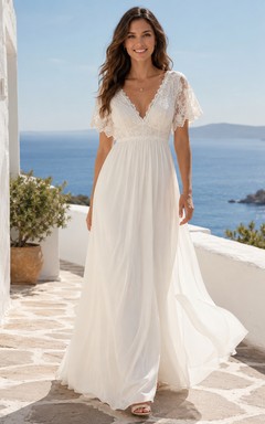Bohemian Chiffon Abito Sposa A Line V Neck Flutter Sleeves Sweep Train