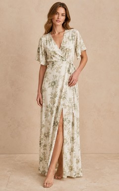Floral Chiffon Wrap V-neck Short Sleeve A-Line Ankle-length Boho Dress