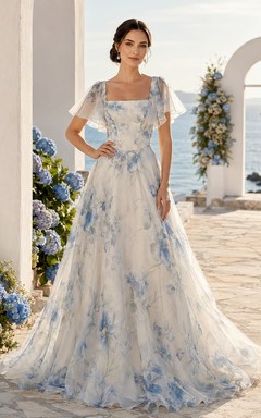 Blaues, florales Organza-Brautkleid mit eckigem Ausschnitt für den Strandlook