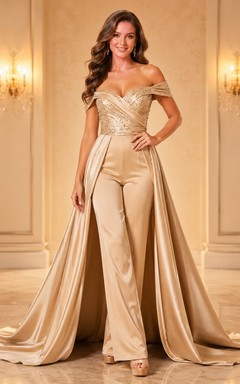 Luxury Champagne Off-Shoulder Satin Jumpsuit Court Train Pageant Evening Dress