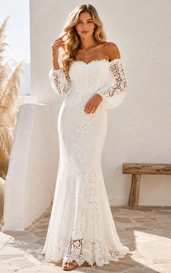 Vestido de novia bohemio de sirena, manga larga, hombros descubiertos, encaje, largo hasta el suelo.