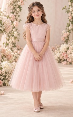 Rosafarbenes, perlenbesetztes Tüllkleid mit kurzen Ärmeln, Schleife und Teelänge – Blumenmädchenkleid