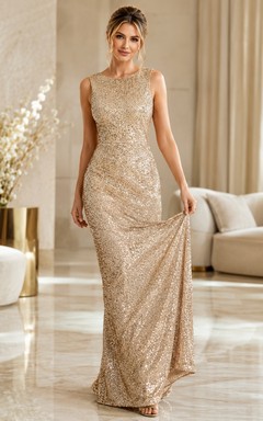 Champagne Sequin Sleeveless Sheath Evening Gown Classic Occasion