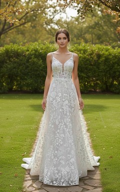 A-Linien-Hochzeitskleid aus Spaghettiträgern mit Blumenmuster und Spitze
