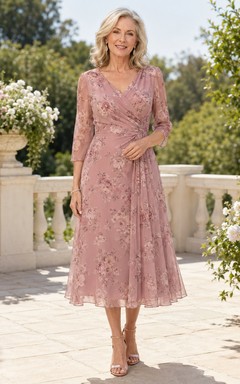 Robe de mère de la mariée, style modeste, à fleurs, manches trois-quarts, longueur thé, manches trois-quarts, idéale pour les