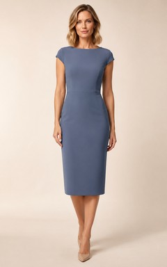 Schieferblaues Bleistiftkleid mit kurzen Ärmeln und Rundhalsausschnitt, Midi-Länge