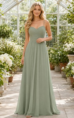 Sage Greenhouse A-Line Chiffon Bridesmaid Dress with Sleeveless Spaghetti Strap Sweetheart Bodice, Pleated Floor-Length Skirt and Low V Strappy Back