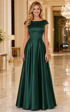 Dark Green Bateau Cap Sleeve Satin A-Line Floor-Length Formal Evening Dress