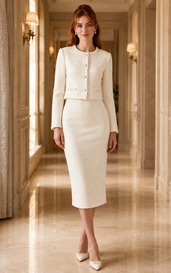 Veste vintage à col rond et boutons, jupe crayon longueur thé, tailleur pour mariage civil