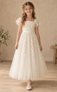 Modest Square Neck Ivory Ankle-length Flutter Sleeve Lace Tulle Flower Girl Dress