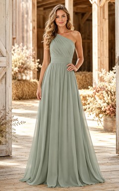 Sage Chiffon A-Line One-Shoulder Sleeveless Pleated Open Back Floor-Length Bridesmaid Dress