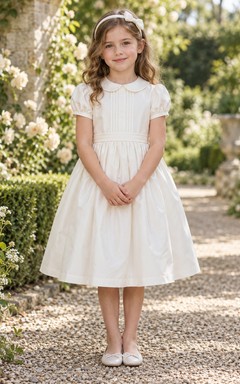 Simple Tea-length White Peter-Pan-collar Cuffed Puff-sleeve Pintucked-bodice Banded Gathered Zipper-back Flower Girl Dress