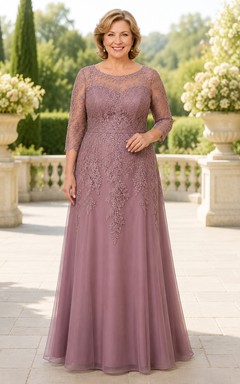 Mauvefarbenes Tüllkleid in A-Linie in Übergröße mit Spitzenärmeln