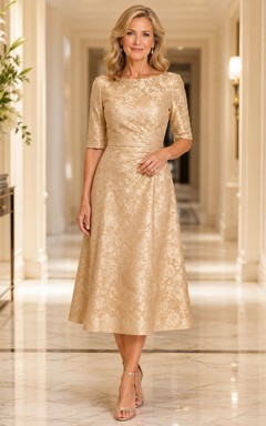 Soft Gold Vintage Bateau Jacquard A-Line Tea-Length Mother of the Bride Midi Dress with Three-Quarter Sleeves