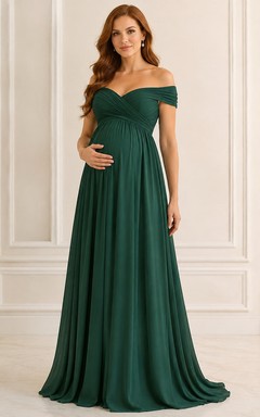 Robe de soirée longue en mousseline vert foncé à épaules dénudées et coupe empire, style trapèze, pour femme enceinte