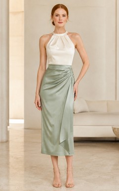 Robe de cocktail crayon deux pièces en satin couleur crème sauge, dos nu, longueur thé