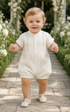Lässiger elfenbeinfarbener Leinen-Baby-Tauf-Strampler mit kurzen Ärmeln und Abnähern