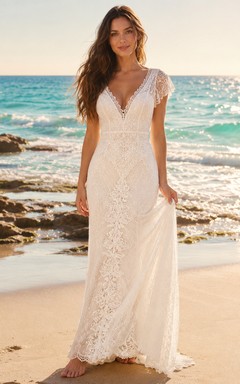 Vestido de novia de encaje playero con mangas cortas y espalda descubierta