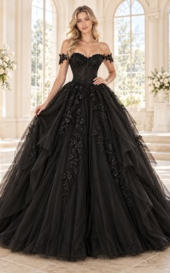 Black Off Shoulder Sweetheart Floral Tulle Ball Gown Wedding Dress