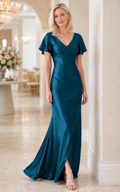 Vestido largo de satén color turquesa con escote en V y mangas con volantes.