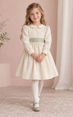 Modest Long Sleeve Ivory Knee Length Sage Sash Small Collared Corduroy Flower Girl Dress