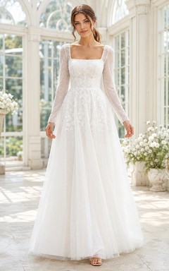 Modest Long Sleeve Square Neck Lace Tulle A-Line Floor-Length Wedding Dress