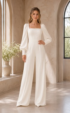 Weißer Hochzeitsjumpsuit mit eckigem Ausschnitt und langen Puffärmeln
