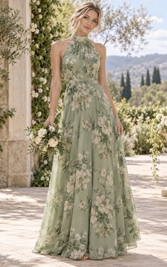 Sage Botanical Print Halter High-Neck Sleeveless Side-Slit Floor-Length Chiffon Bridesmaid Dress