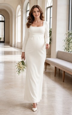 Maternity Wedding Dress Simple Sheath Floor-Length Square Neck Long Sleeve Modest Civil Style