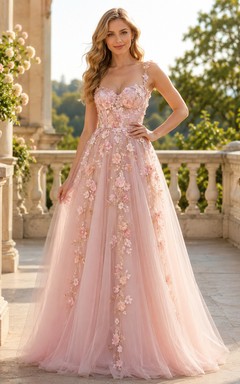 Blush Floral Applique Tulle A-Line Evening Dress