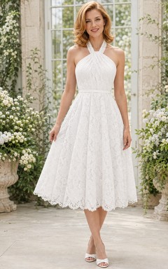 White Lace Halter Sleeveless A-Line Tea-length Scalloped Romantic Elegant Garden Dress