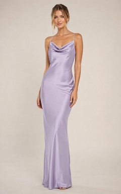 Lavender Cowl Neck Satin Sheath Bridesmaid Dress