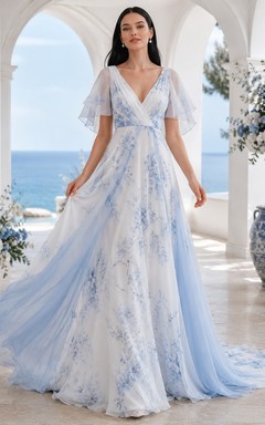 Sky Blue Airy A-Line V-Neck Flutter Sleeve Chiffon Bohemian Wedding Gown