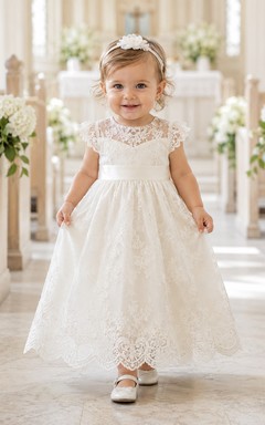 Scalloped Lace Hem Baptism Dress A-Line Tulle High Neck Sleeveless