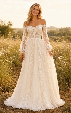 Boho Lace Tulle Wedding Dress A-Line Off Shoulder Long Sleeve Sweep Train Bridal Gown