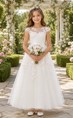 Lace Bodice Tulle A-Line Flower Girl Dress with Short Sleeves, Jewel Neck and Tea-Length Skirt