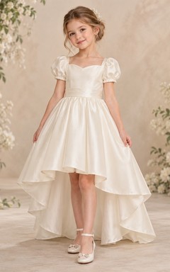 High-low Ivory Sweetheart Puff Sleeve Gathered Sashed Satin A-Line Bow Flowergirl Dress