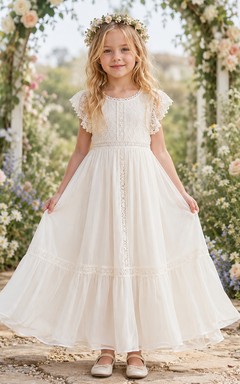 Flower Girl Dress Ivory Lace Tulle A-Line Short Sleeve Scoop Neck Tea Length