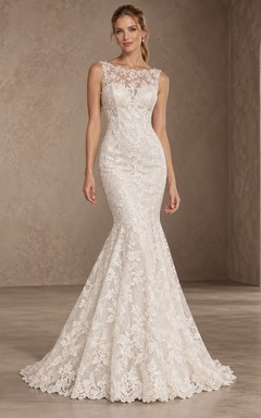 Robe de mariée sirène sans manches à col bijou en dentelle florale